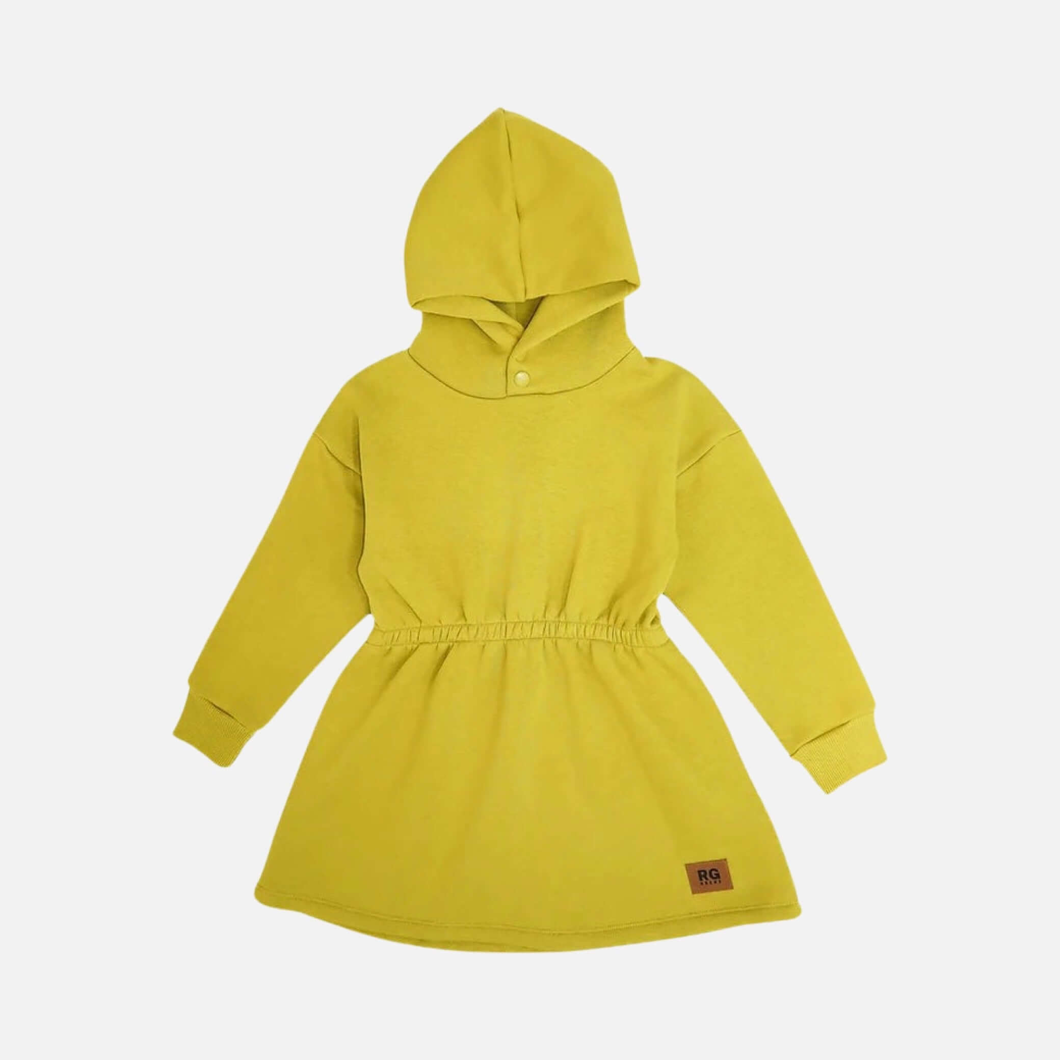 Dress with elastic waistband and hood with snap buttons