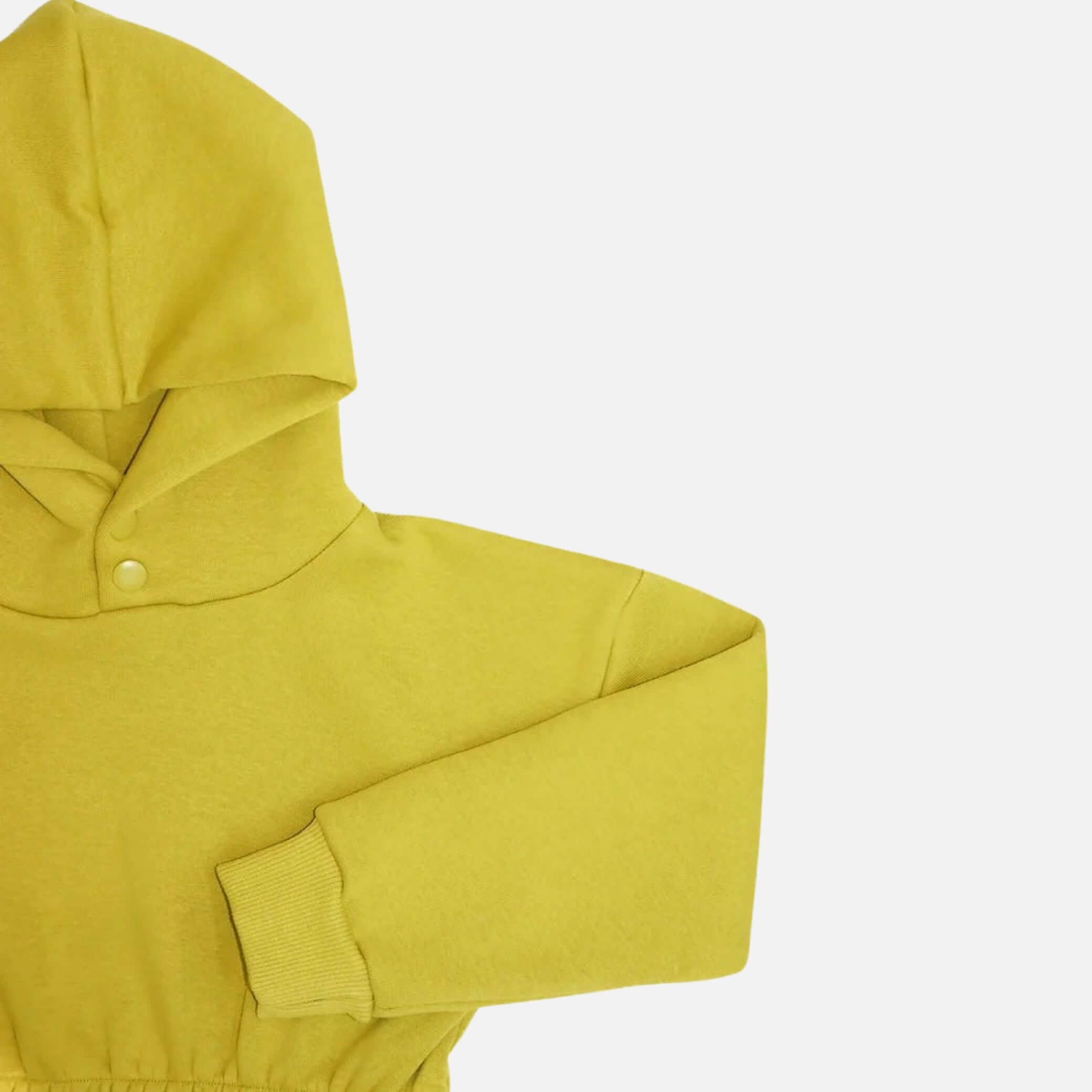 Dress with elastic waistband and hood with snap buttons