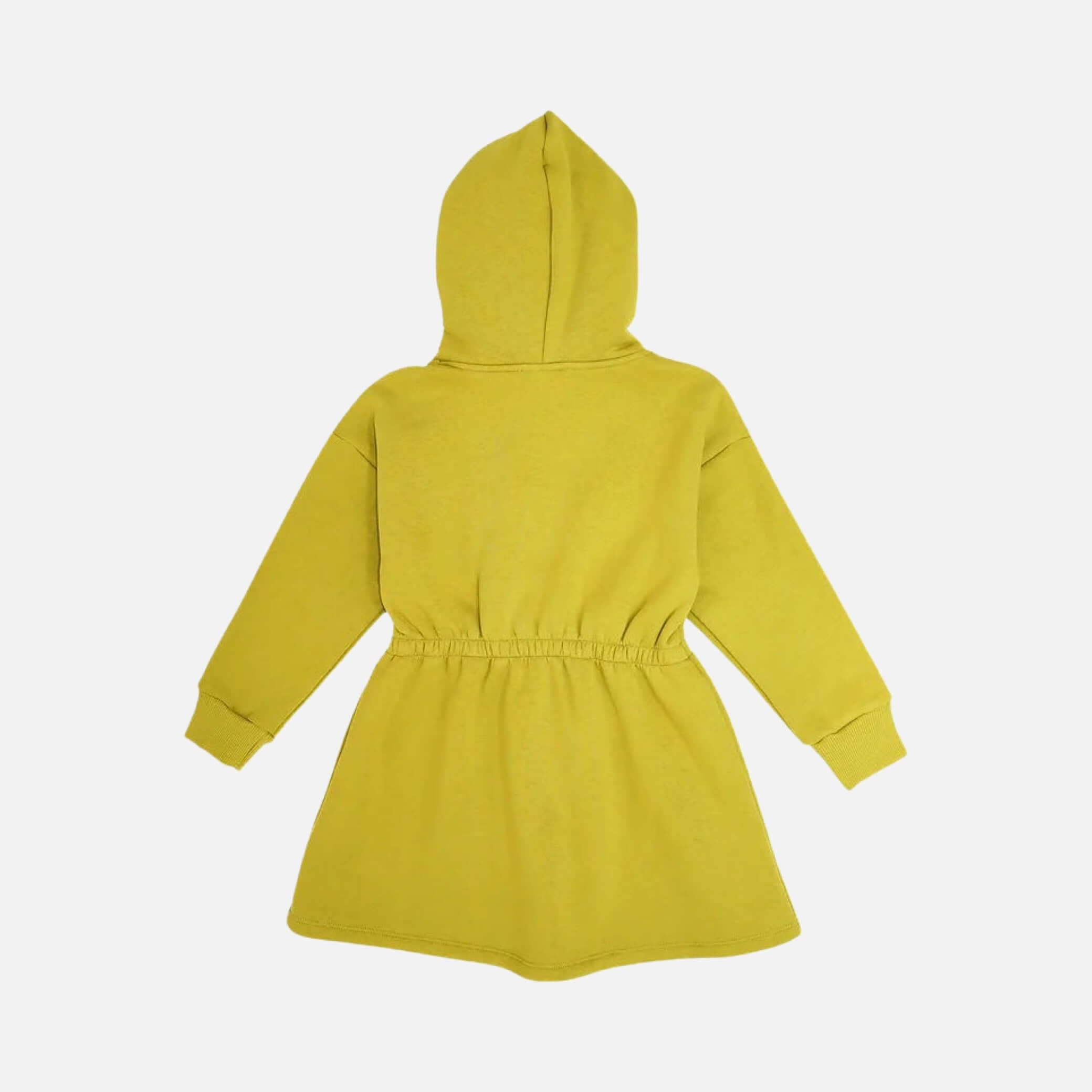 Dress with elastic waistband and hood with snap buttons