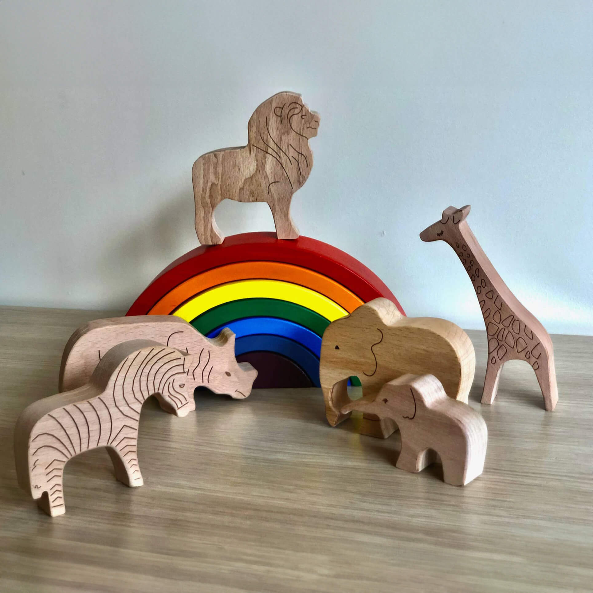 6-piece set of handmade Wooden Animals Safari