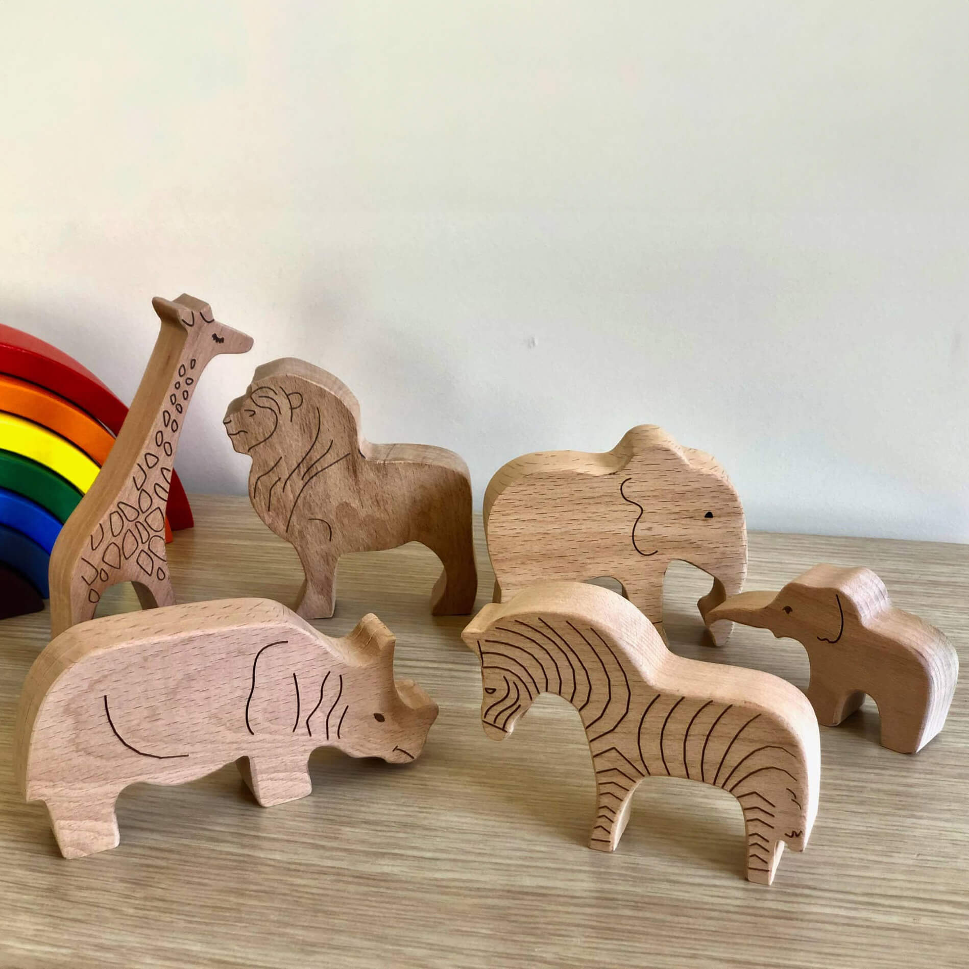 6-piece set of handmade Wooden Animals Safari