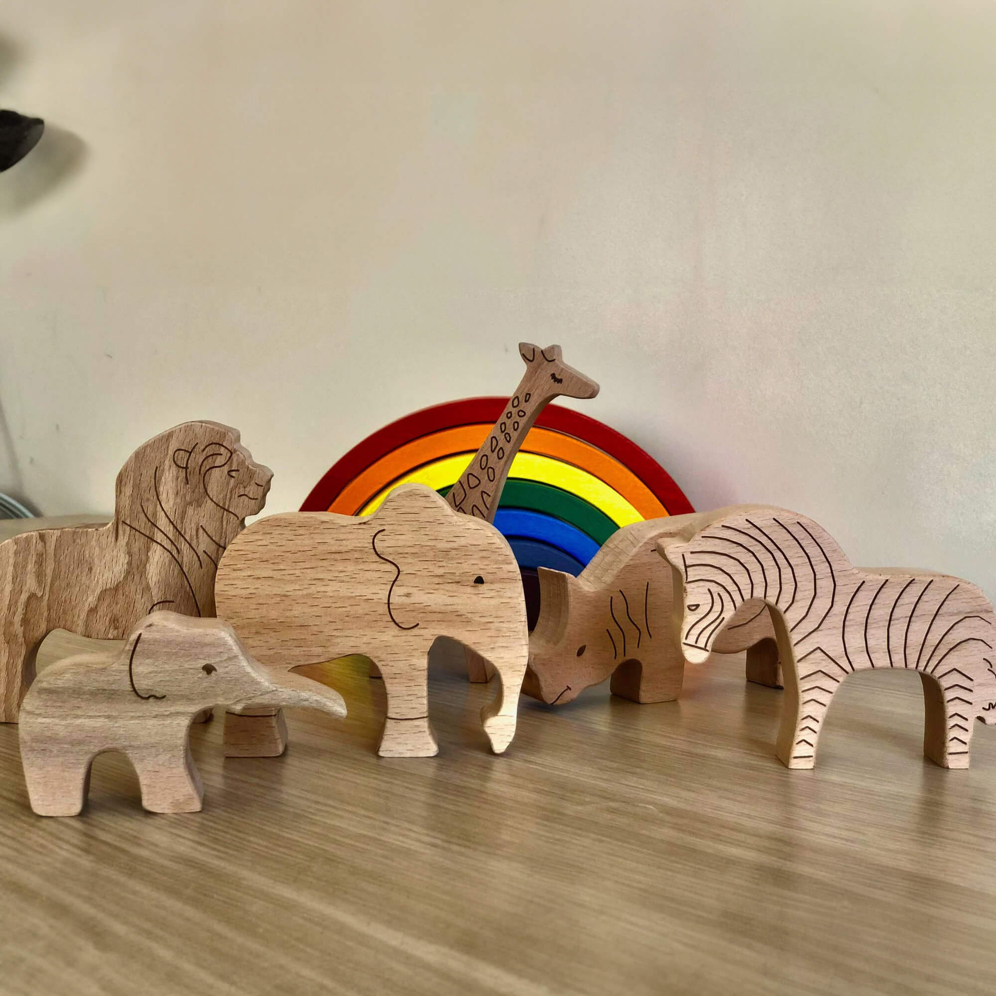 6-piece set of handmade Wooden Animals Safari