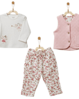 3-teiliges Baby-Set mit Steppweste, Shirt & Blumenhose