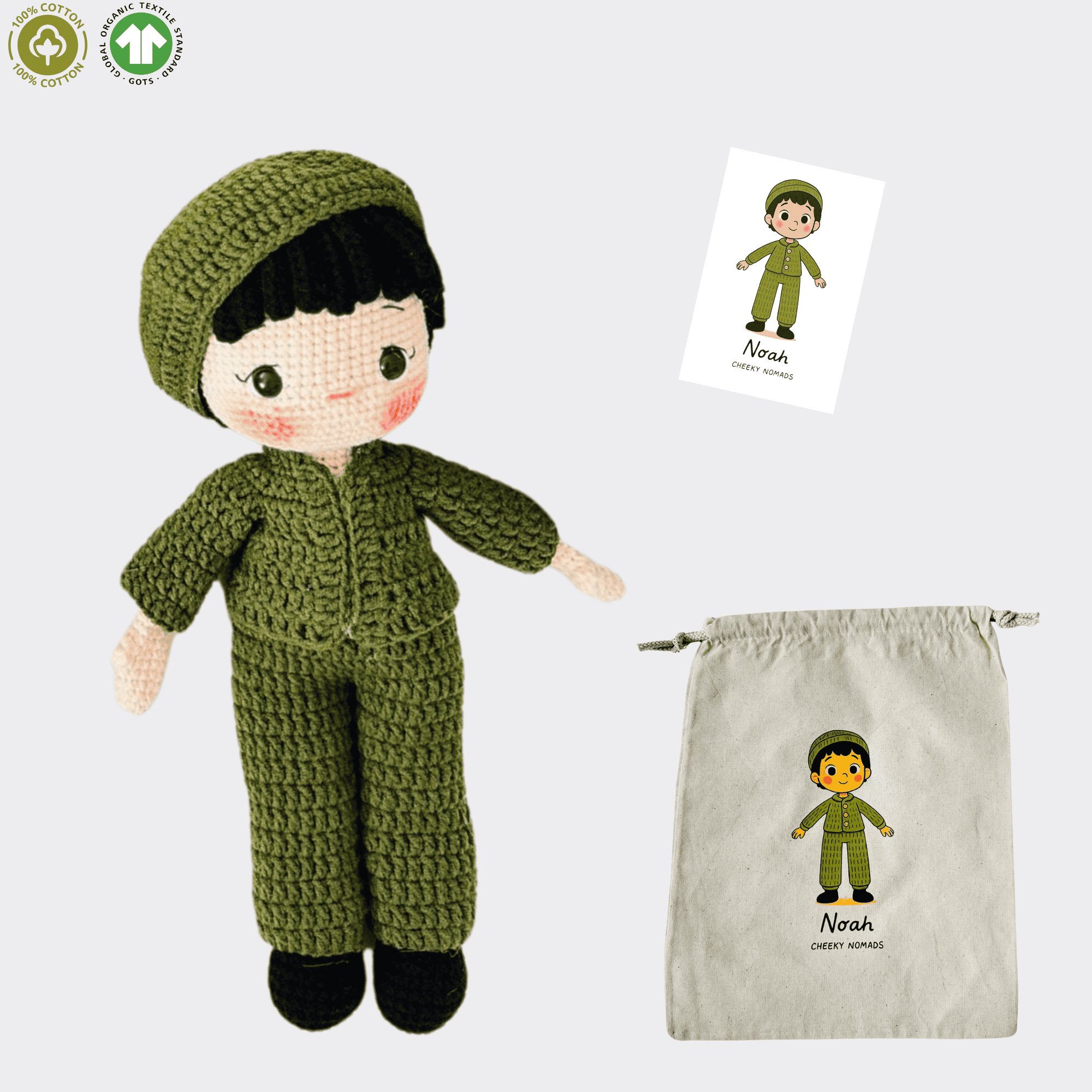 handgemachter Amigurumi Freund Noah - Bio-Häkelpuppe