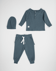 3-teiliges Set Natural Waffle -Ober und Unterteil mit Mütze - Petrol