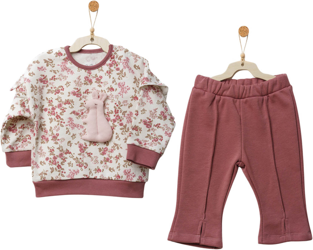 Andywawa Baby-Set Floral Dreams mit geblümtem Sweatshirt, rosa Häschenapplikation und pflaumenfarbener Hose
