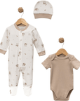 3-teiliges Baby Set aus Baumwolle (Strampler, Body & Mütze)