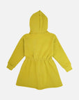Dress with elastic waistband and hood with snap buttons