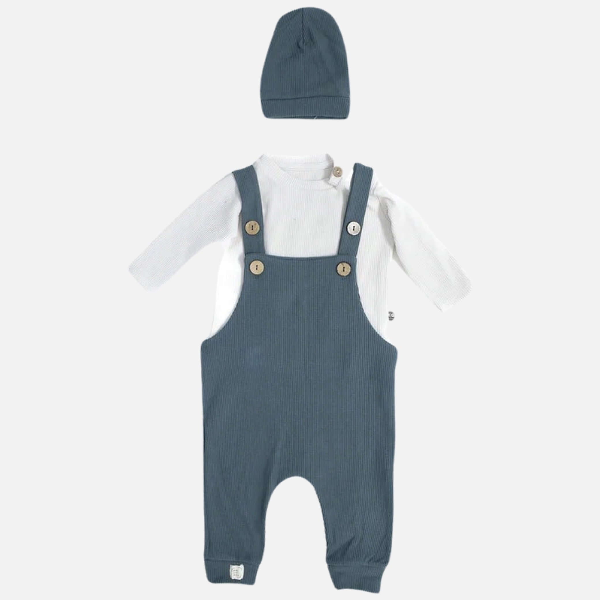 &quot;Natural Waffle&quot; jumpsuit + sweater + Beanie - set of 3 - petrol